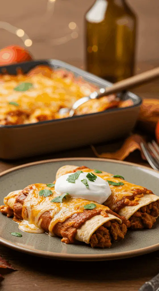 A beautiful plate of homemade, cheesy Butternut Squash Enchiladas topped with sour cream and cilantro, being served for a cozy fall family dinner.