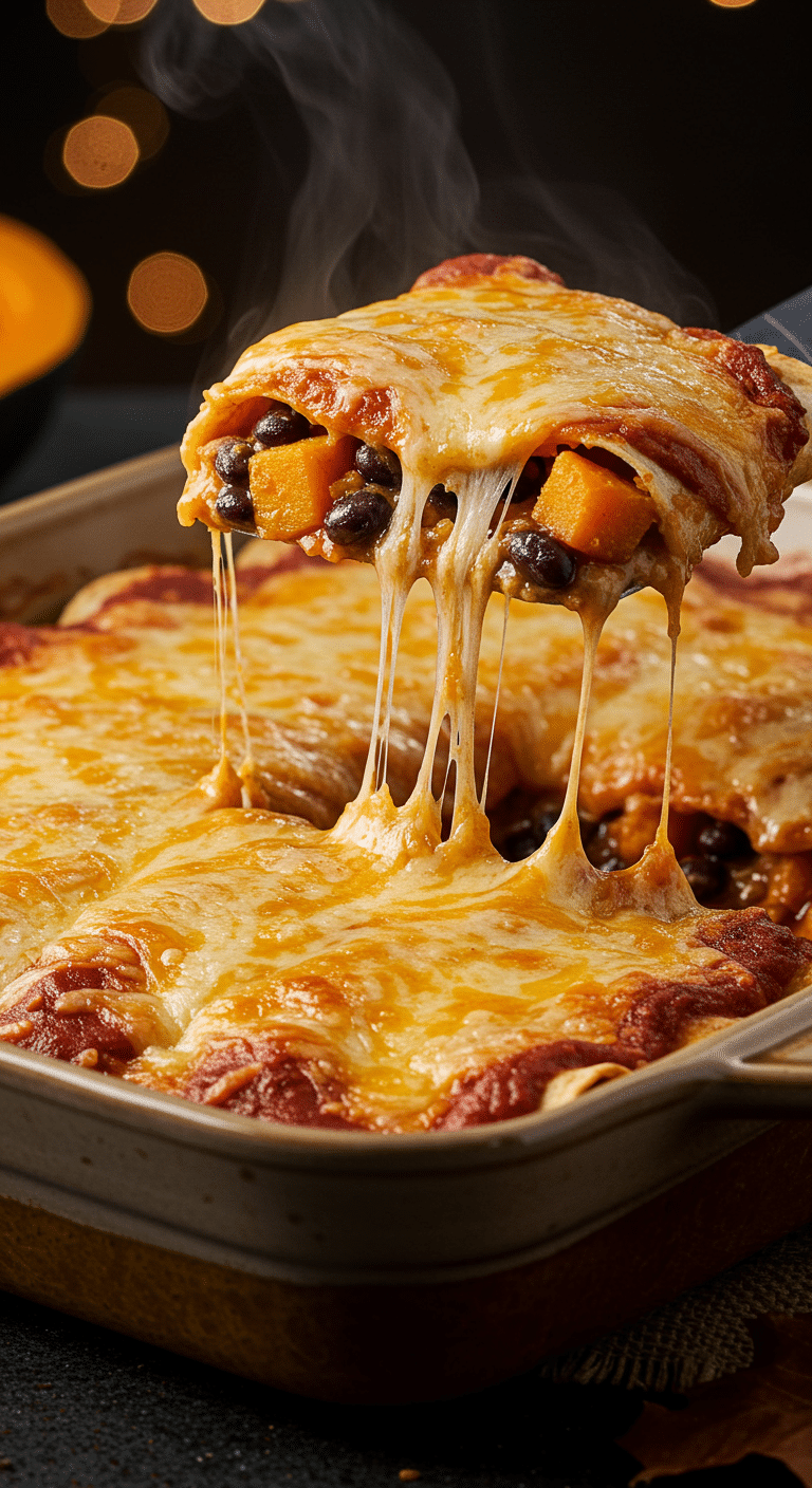 A beautiful, golden-brown homemade Butternut Squash Enchilada Casserole in a baking dish with a cheesy, colorful slice being lifted out.