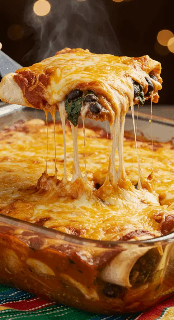 A beautiful, golden-brown homemade Cheesy Enchilada Casserole in a baking dish with a cheesy, gooey enchilada being lifted out.
