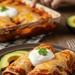 A beautiful plate of homemade, cheesy Enchiladas topped with sour cream and avocado, being served for a family dinner.