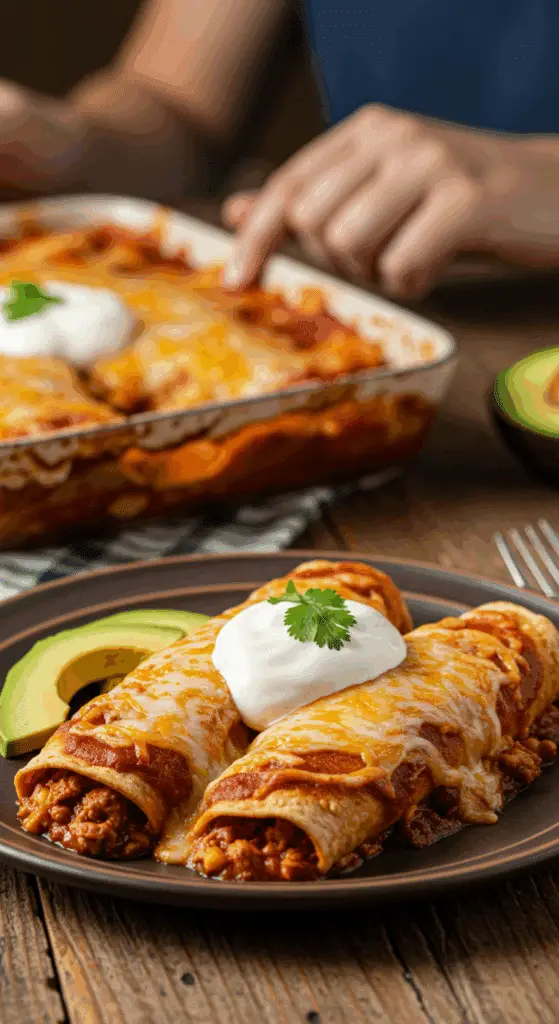 A beautiful plate of homemade, cheesy Enchiladas topped with sour cream and avocado, being served for a family dinner.