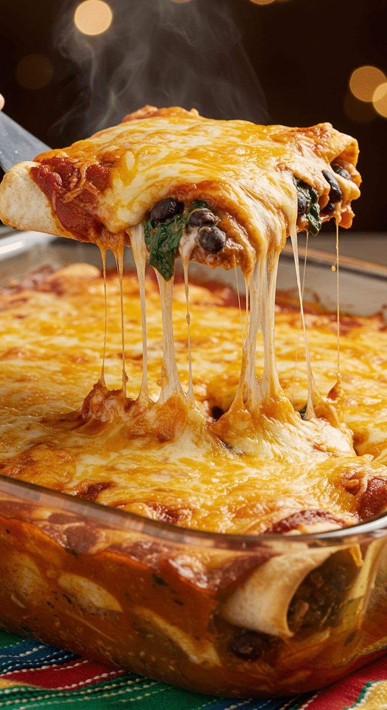 A beautiful, golden-brown homemade Cheesy Enchilada Casserole in a baking dish with a cheesy, gooey enchilada being lifted out.