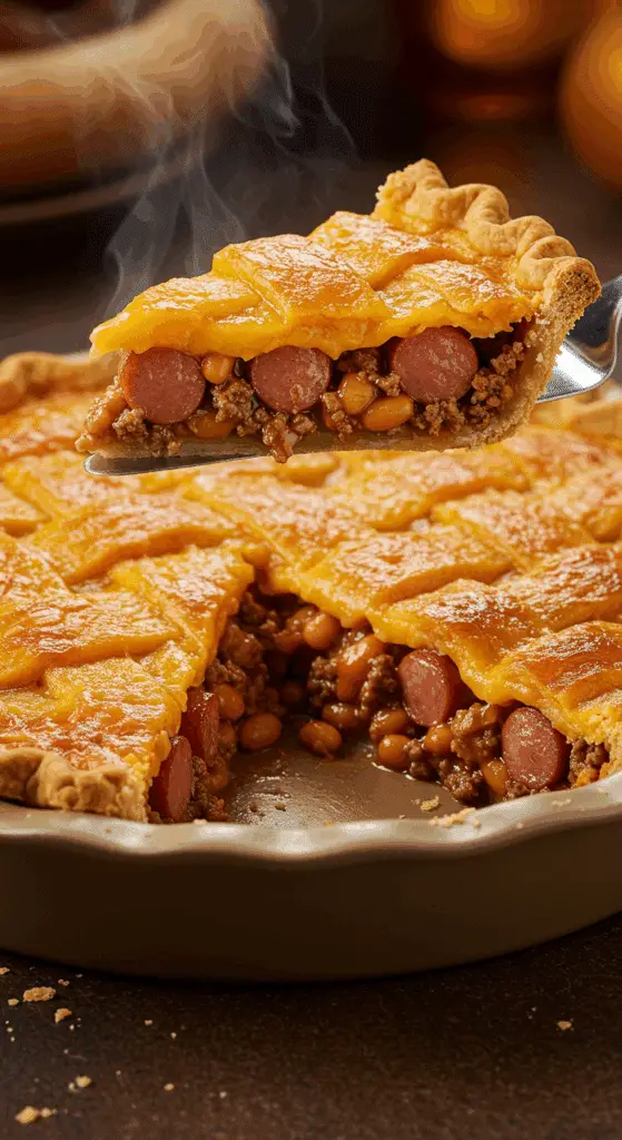 A beautiful, golden-brown homemade Hot Dog Pie with a perfect, gooey, melted American cheese lattice top.