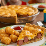 A fun, kid-friendly dinner plate with a large slice of homemade, cheesy Hot Dog Pie, served with tater tots.