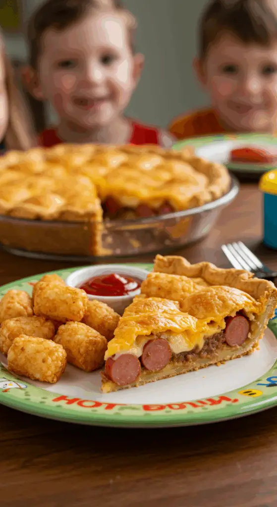 A fun, kid-friendly dinner plate with a large slice of homemade, cheesy Hot Dog Pie, served with tater tots.