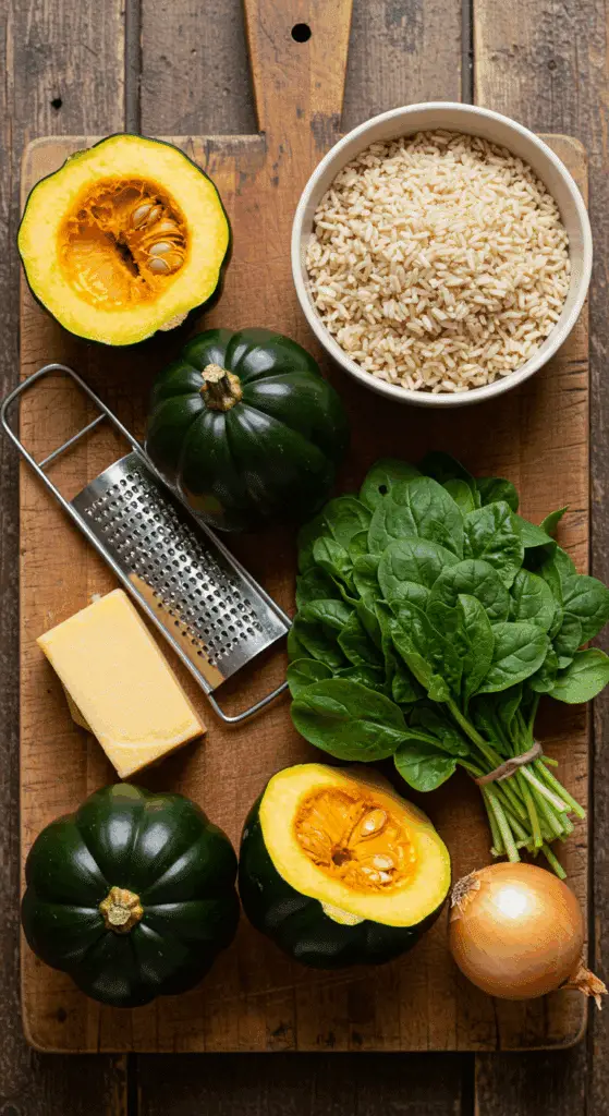 The fresh, from-scratch ingredients for the hearty and cheesy Stuffed Acorn Squash recipe.