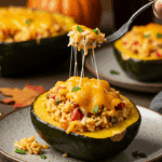 A single, perfect, homemade Cheesy Rice-Stuffed Acorn Squash on a dinner plate, being served for a family dinner.