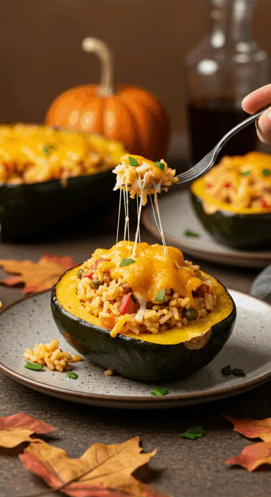 A single, perfect, homemade Cheesy Rice-Stuffed Acorn Squash on a dinner plate, being served for a family dinner.