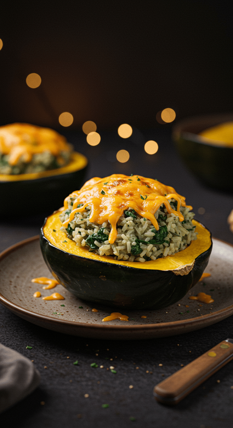 A beautiful, homemade, cheesy Rice-Stuffed Acorn Squash, overflowing with a creamy filling and topped with bubbly, melted cheese.