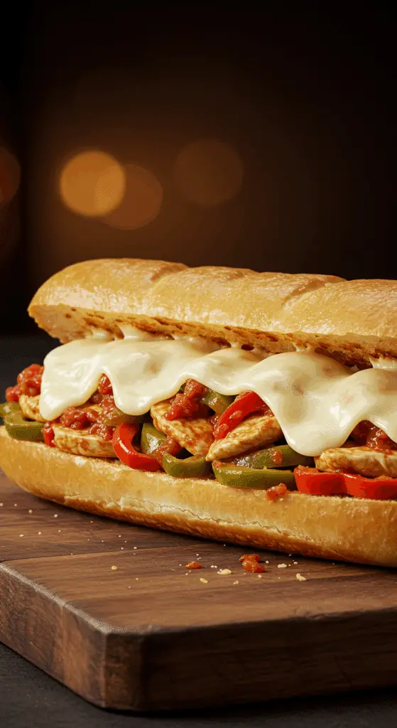A beautiful, homemade, open-faced Chicken Cacciatore Sub, overflowing with a chunky filling and covered in gooey, melted provolone cheese.