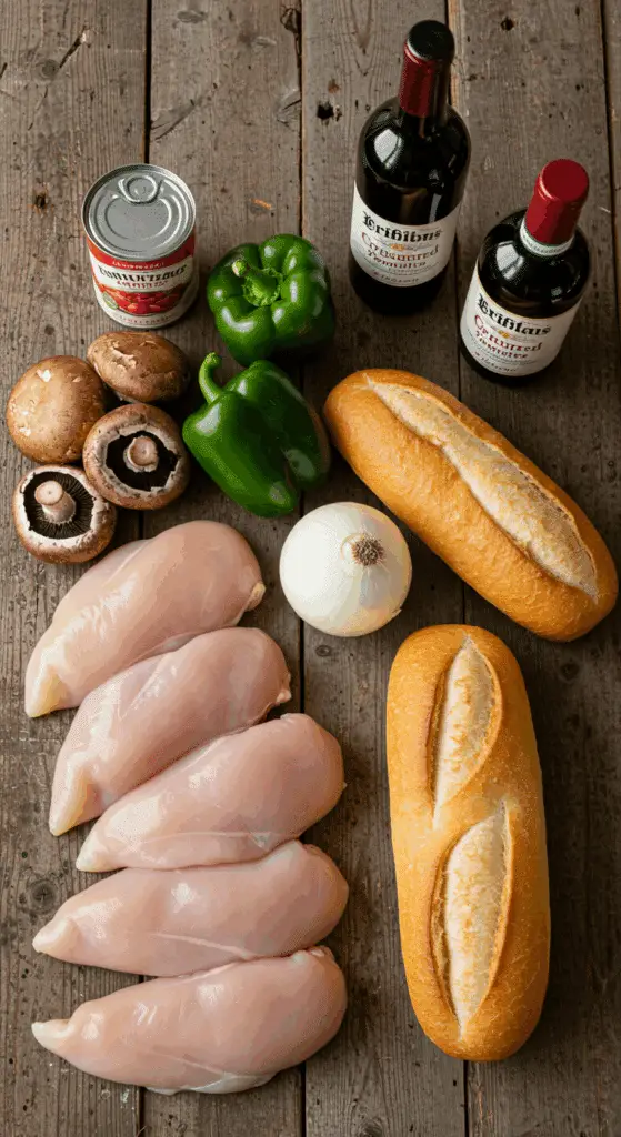 The fresh, from-scratch ingredients for the classic and hearty Chicken Cacciatore Sandwich recipe.