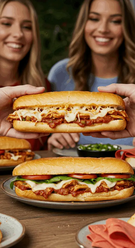 A hand holding a large, delicious, and messy homemade Chicken Cacciatore Sub at a fun game day party.
