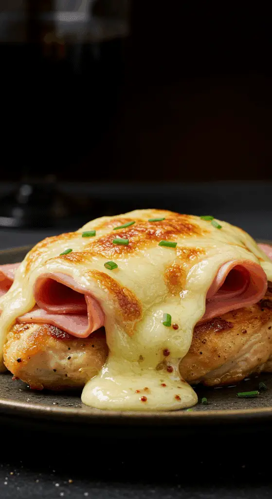 A beautiful, golden-brown, homemade, easy Chicken Cordon Bleu, topped with ham and a thick, bubbly blanket of melted Swiss cheese.