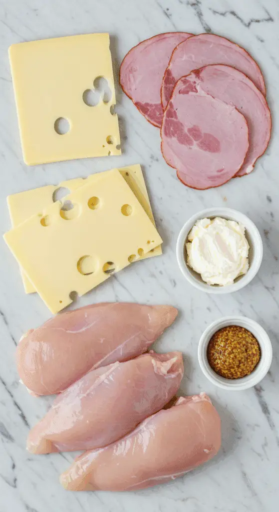 The simple, high-quality ingredients for the from-scratch, easy and elegant Chicken Cordon Bleu recipe.