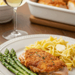An elegant plate of homemade, easy Chicken Cordon Bleu served with steamed asparagus for a healthy meal.