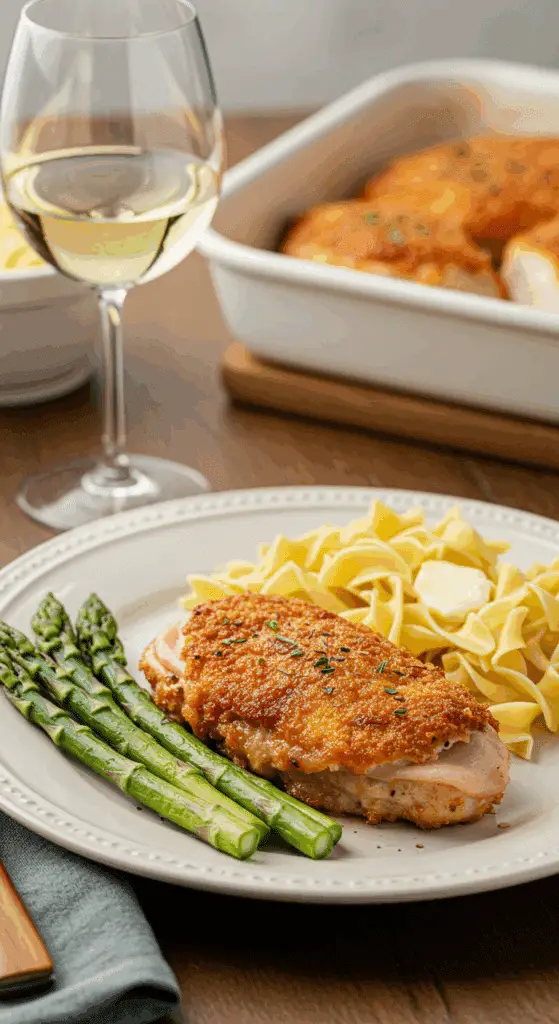 An elegant plate of homemade, easy Chicken Cordon Bleu served with steamed asparagus for a healthy meal.