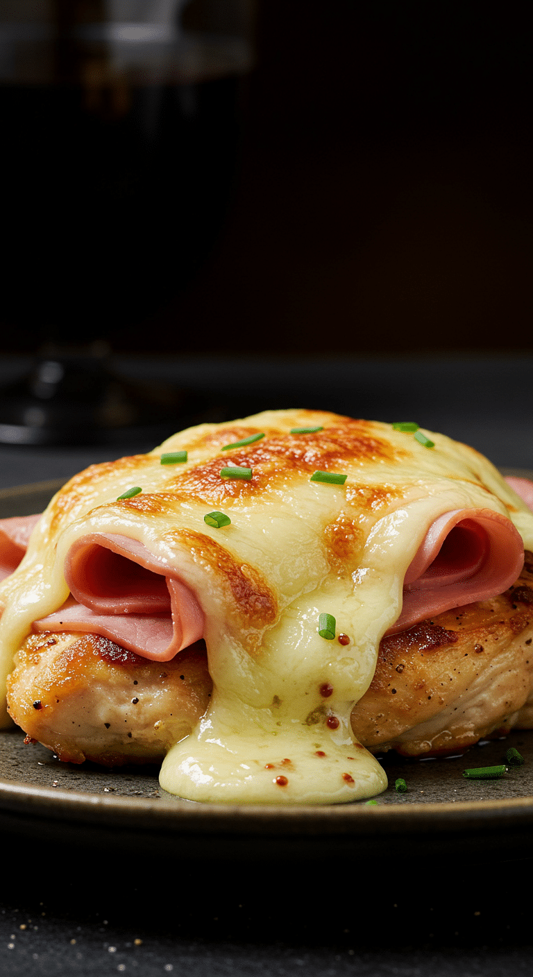 A beautiful, golden-brown, homemade, easy Chicken Cordon Bleu, topped with ham and a thick, bubbly blanket of melted Swiss cheese.