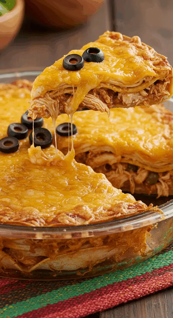 A beautiful, golden-brown homemade Stacked Chicken Enchilada Casserole in a pie plate with a cheesy, layered wedge being lifted out.
