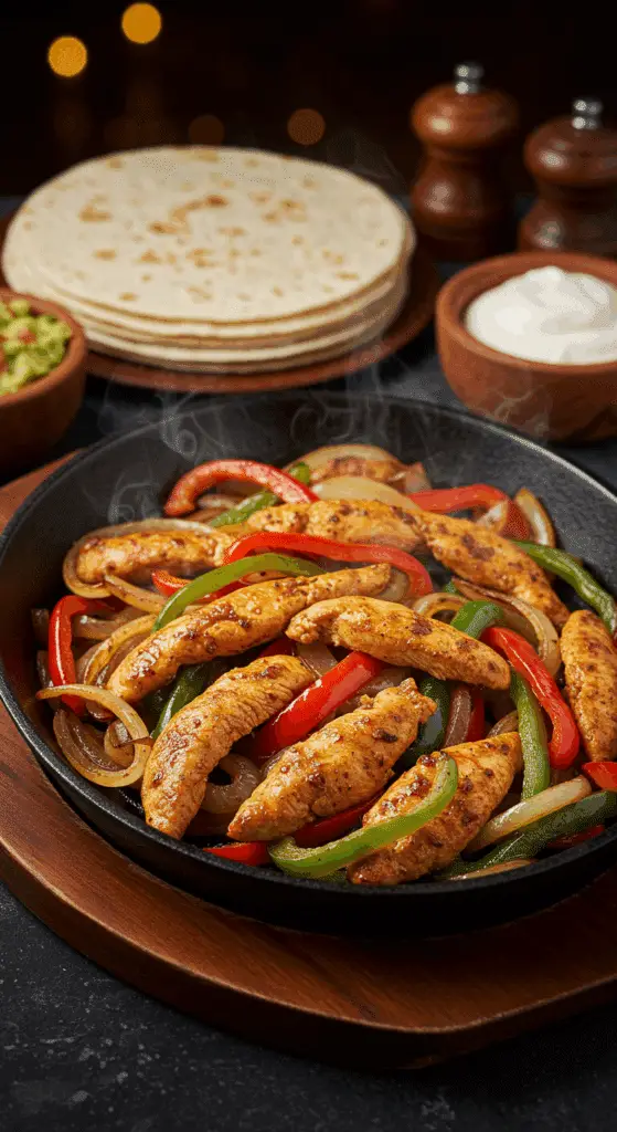 A beautiful, rustic cast-iron skillet of homemade, sizzling Chicken Fajitas with a colorful medley of peppers and onions.