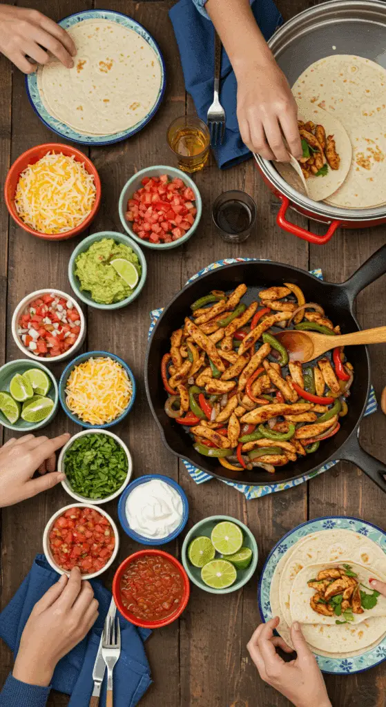 A beautiful and fun "build your own" fajita bar with a sizzling skillet of homemade chicken and vegetables and a variety of fresh toppings.