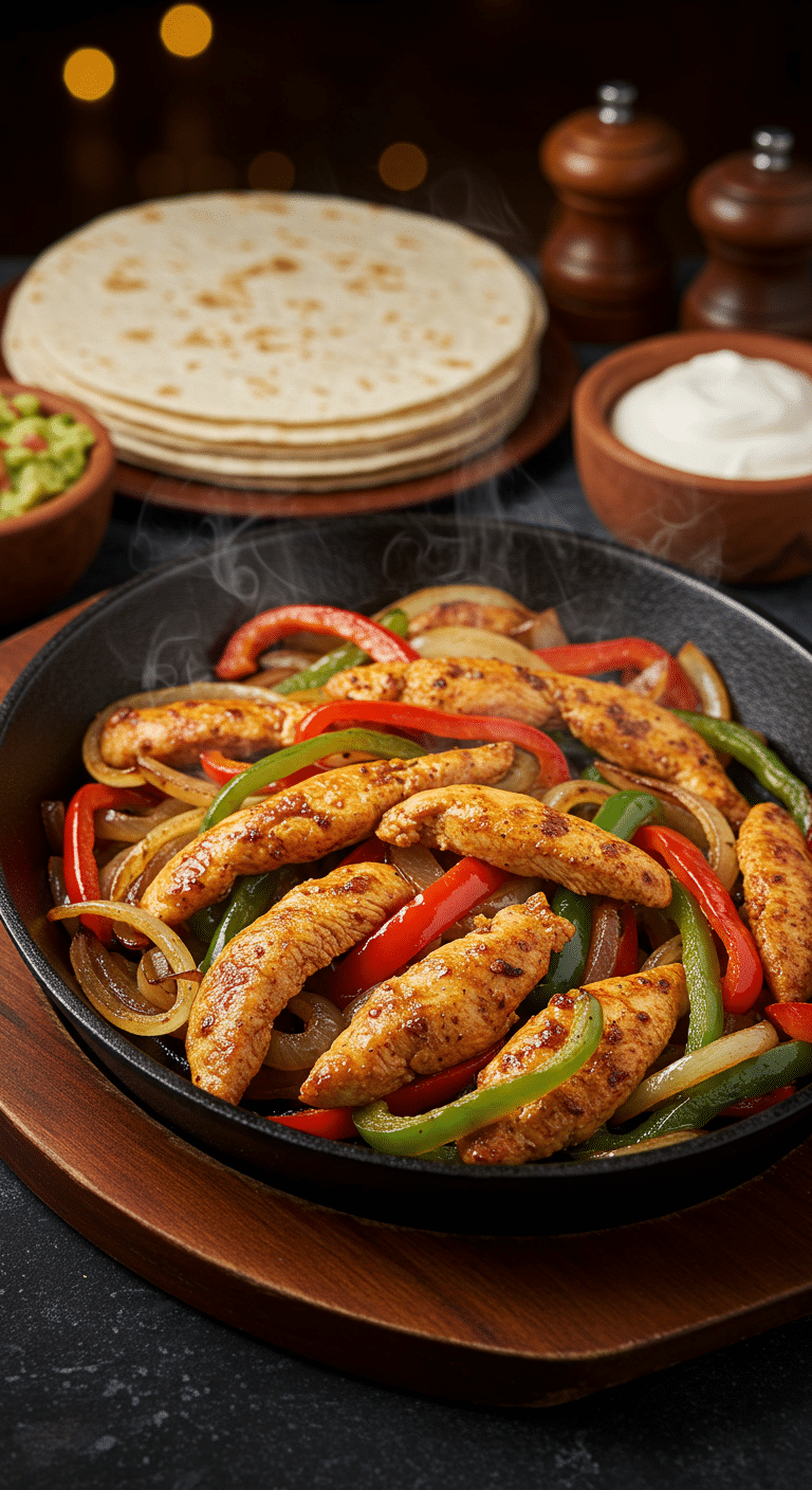 A beautiful, rustic cast-iron skillet of homemade, sizzling Chicken Fajitas with a colorful medley of peppers and onions.