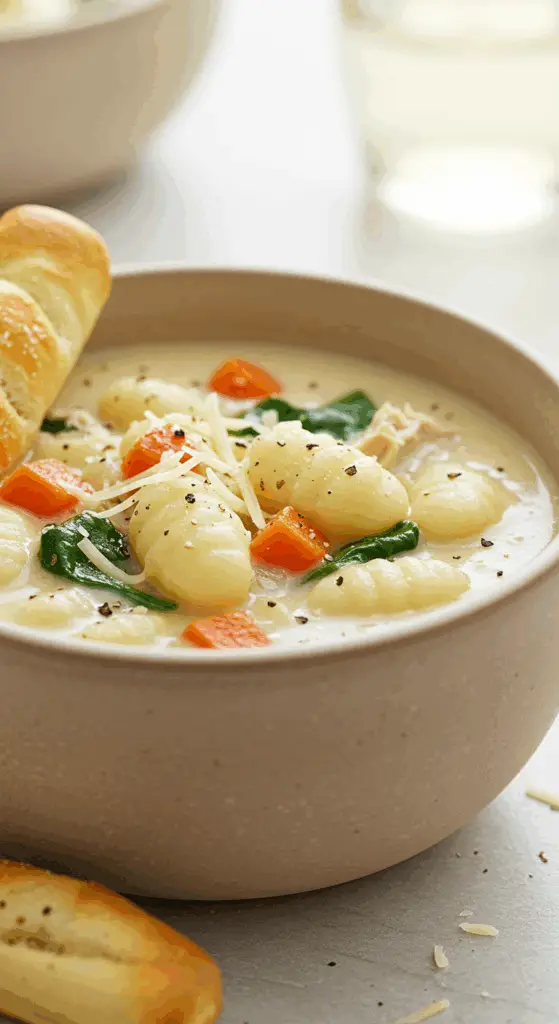 A beautiful, rustic bowl of homemade, creamy, Olive Garden copycat Chicken Gnocchi Soup, with pillowy gnocchi, tender chicken, and fresh spinach.