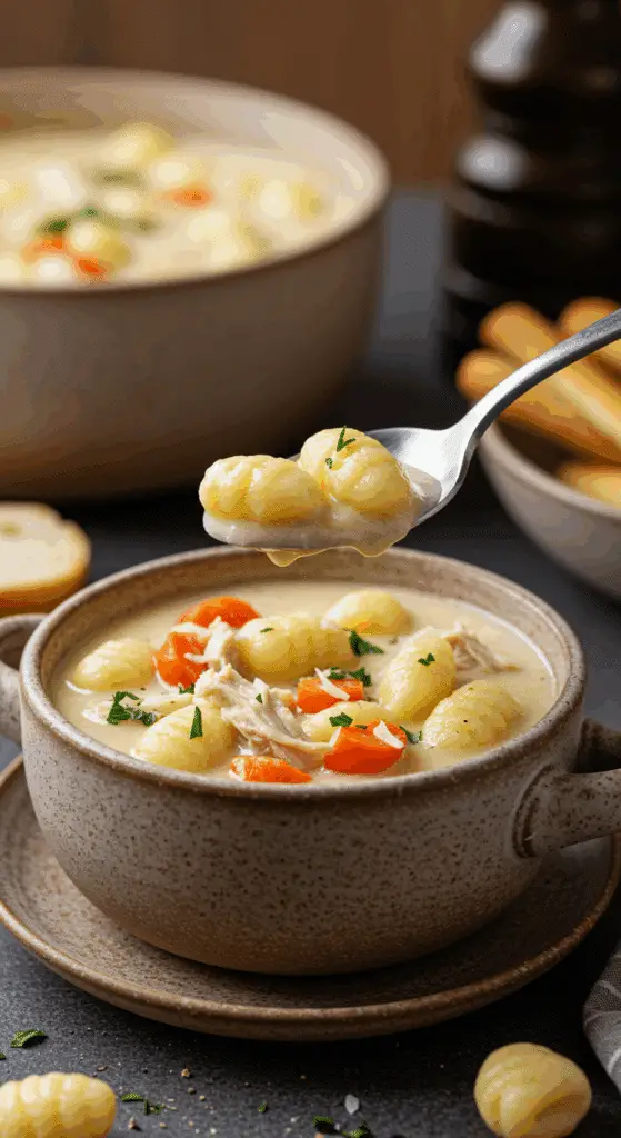 A cozy bowl of homemade, creamy Chicken Gnocchi Soup being served for a casual family dinner.