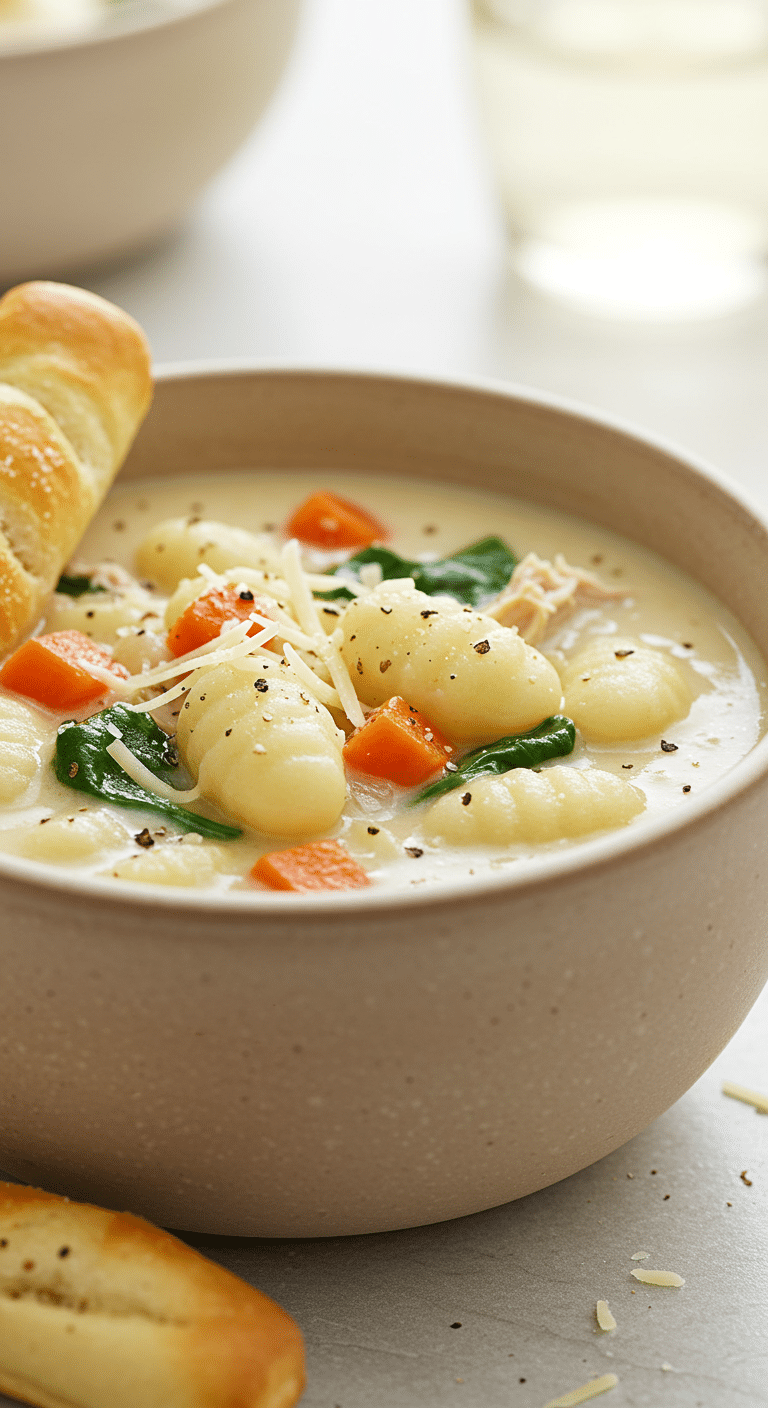 A beautiful, rustic bowl of homemade, creamy, Olive Garden copycat Chicken Gnocchi Soup, with pillowy gnocchi, tender chicken, and fresh spinach.