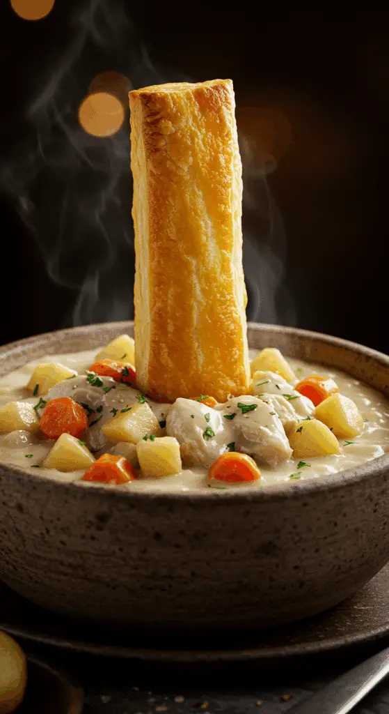 A beautiful, rustic bowl of homemade, creamy, deconstructed Chicken Pot Pie, topped with a large, flaky, golden-brown puff pastry lid.