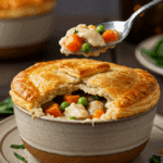 A cozy bowl of homemade, deconstructed Chicken Pot Pie with a spoon breaking through the flaky puff pastry lid to reveal the creamy filling.