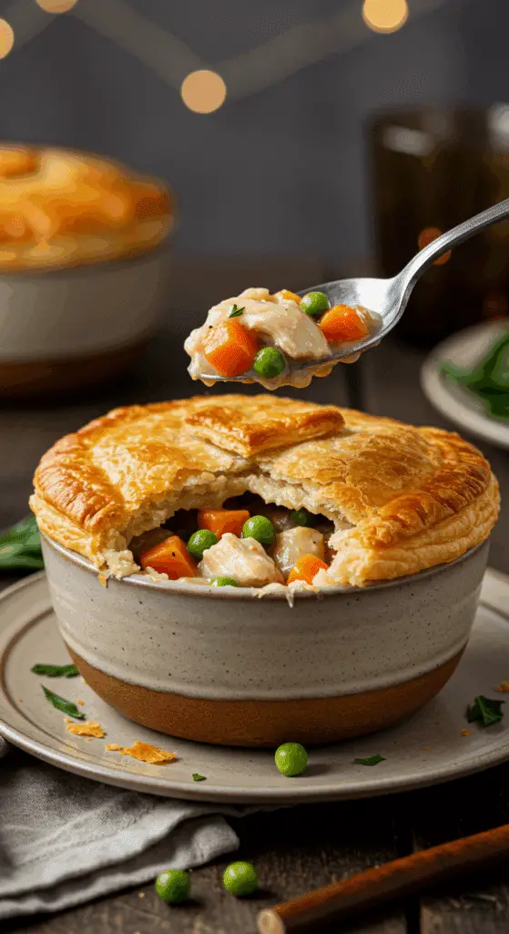 A cozy bowl of homemade, deconstructed Chicken Pot Pie with a spoon breaking through the flaky puff pastry lid to reveal the creamy filling.