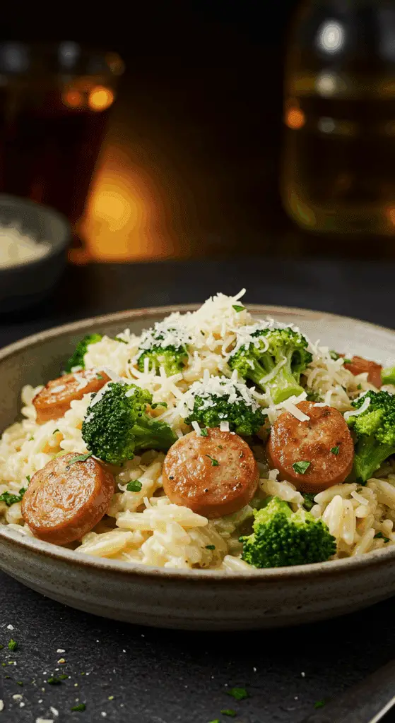 A beautiful, rustic bowl of homemade, creamy One-Pot Chicken Sausage and Broccoli Orzo, with a luscious Parmesan sauce, browned sausage, and broccoli.
