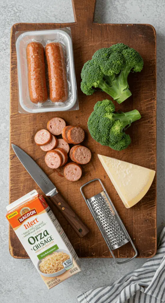 The simple, fresh ingredients for the classic and creamy One-Pot Chicken Sausage and Broccoli Orzo recipe.