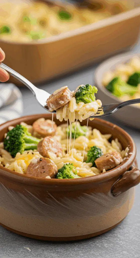 A cozy bowl of homemade, creamy Chicken Sausage and Broccoli Orzo being served for a casual family dinner.