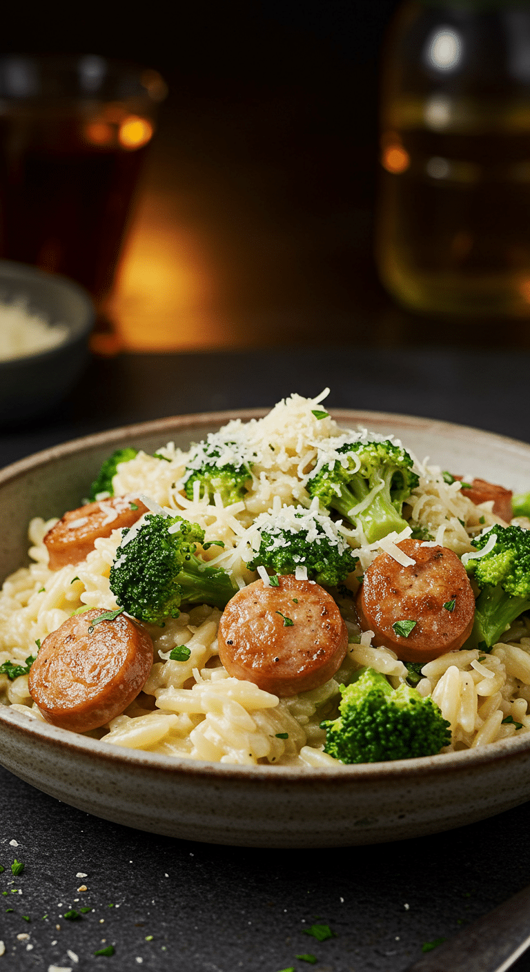 A beautiful, rustic bowl of homemade, creamy One-Pot Chicken Sausage and Broccoli Orzo, with a luscious Parmesan sauce, browned sausage, and broccoli.