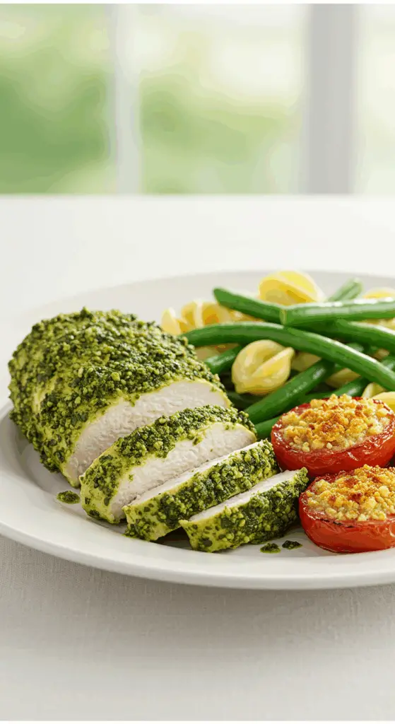 A beautiful, plated meal of homemade, broiled Chicken with Arugula Pesto, served with a fresh pasta salad and roasted tomatoes.