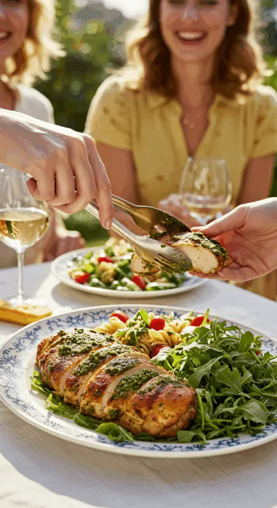 A beautiful platter of homemade Chicken with Arugula Pesto being served at a sunny, outdoor dinner party.