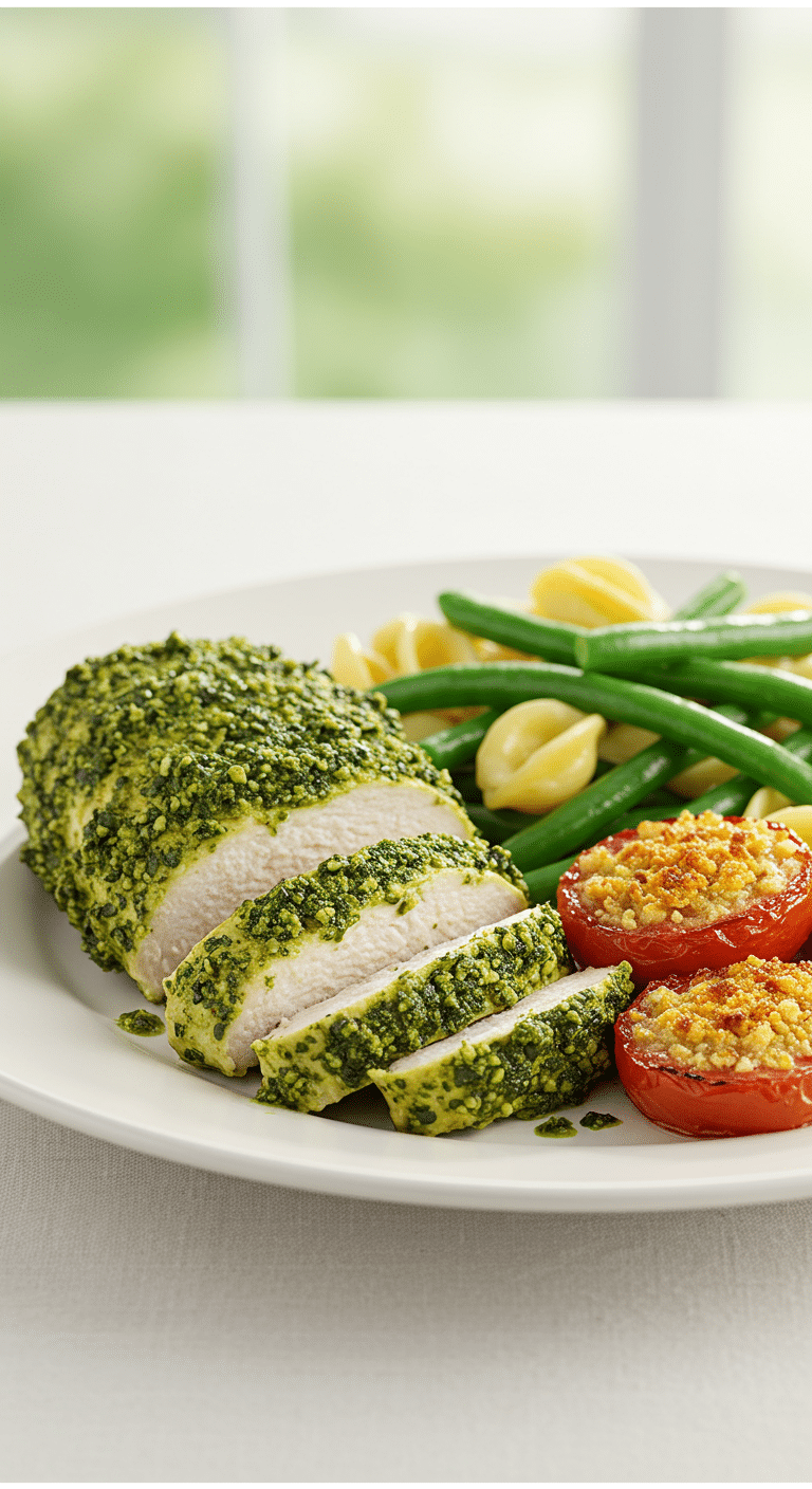 A beautiful, plated meal of homemade, broiled Chicken with Arugula Pesto, served with a fresh pasta salad and roasted tomatoes.