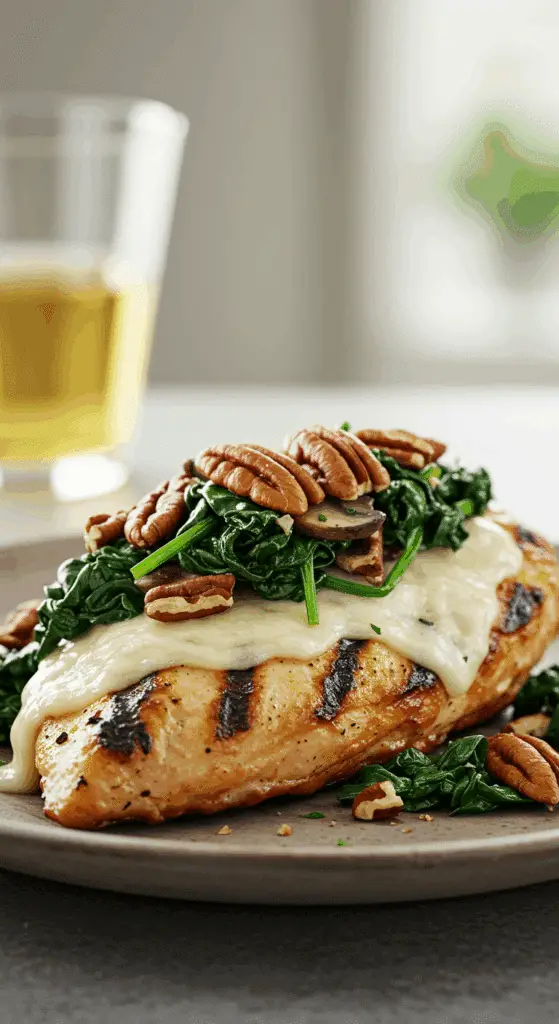 A beautiful, plated serving of homemade, healthy Grilled Chicken, topped with melted provolone cheese and a generous pile of sautéed spinach and mushrooms.