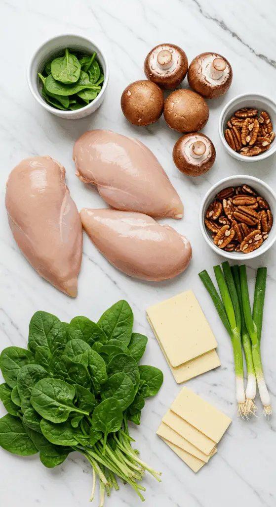 The simple, fresh ingredients for the healthy, from-scratch Grilled Chicken with Spinach and Mushrooms recipe.