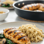 A beautiful plate of homemade, healthy Grilled Chicken with Spinach and Mushrooms, served with quinoa for a healthy meal.