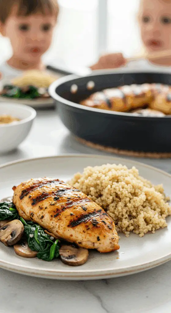 A beautiful plate of homemade, healthy Grilled Chicken with Spinach and Mushrooms, served with quinoa for a healthy meal.
