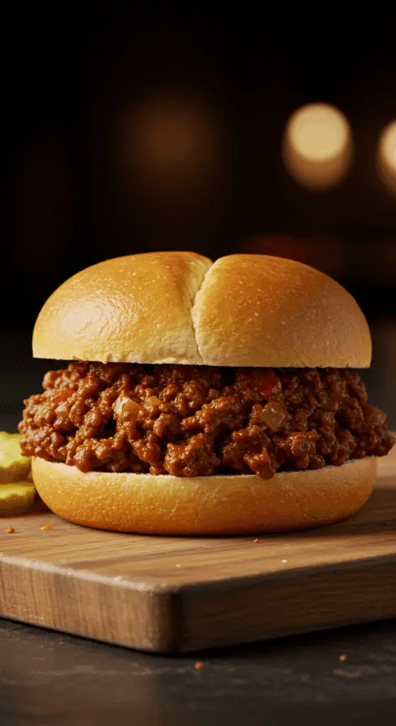 A beautiful, homemade, overflowing Chipotle Chili Sloppy Joe on a toasted Kaiser roll, with pickle slices on the side.