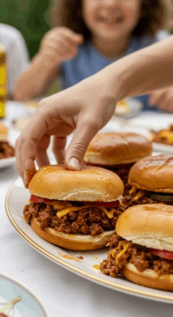 A large platter of homemade, messy, and delicious Chipotle Sloppy Joes being served at a fun family barbecue.