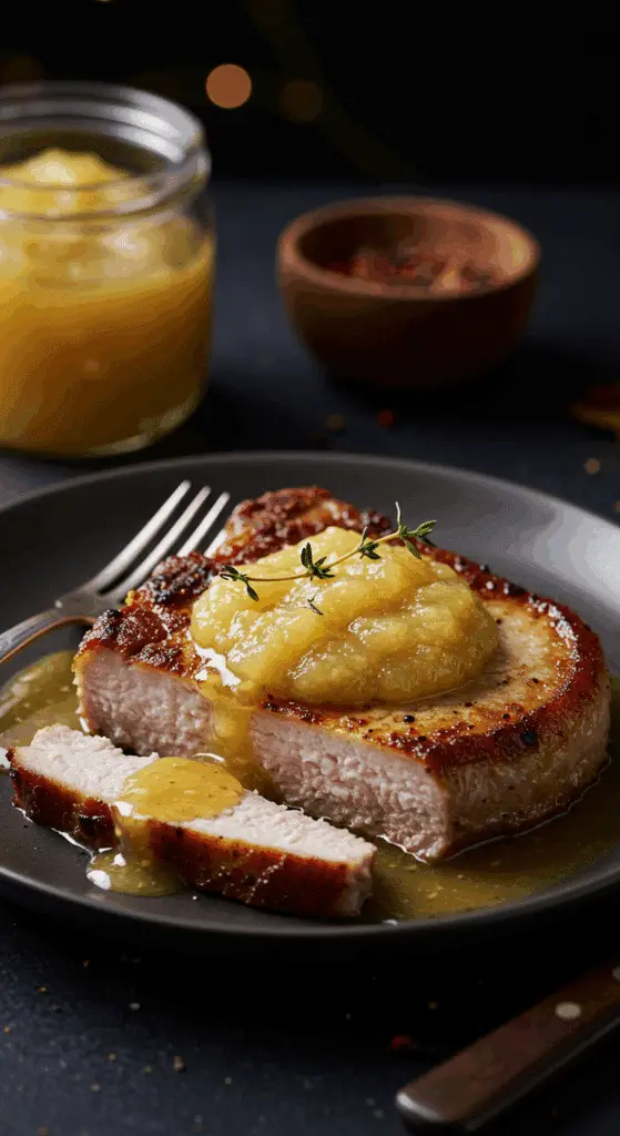 A beautiful, golden-brown, juicy, pan-seared Pork Chop on a plate, topped with a generous portion of warm, chunky, homemade applesauce.