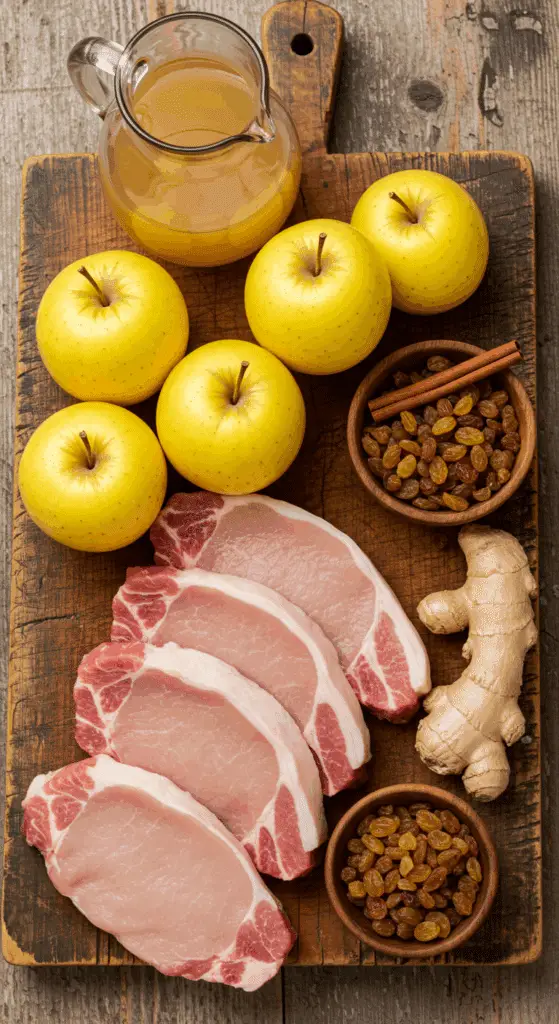 The fresh, from-scratch ingredients for the classic Pork Chops with Homemade Applesauce recipe.