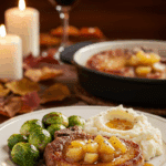 A beautiful plate of homemade Pork Chops with a generous portion of chunky applesauce, served with mashed potatoes for a cozy meal.