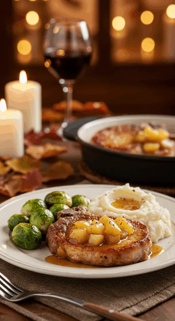 A beautiful plate of homemade Pork Chops with a generous portion of chunky applesauce, served with mashed potatoes for a cozy meal.
