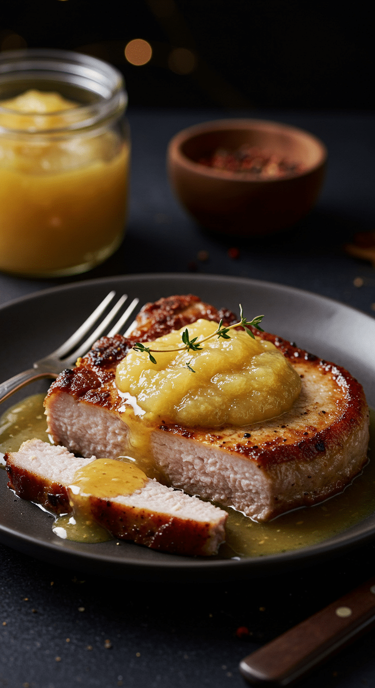 A beautiful, golden-brown, juicy, pan-seared Pork Chop on a plate, topped with a generous portion of warm, chunky, homemade applesauce.