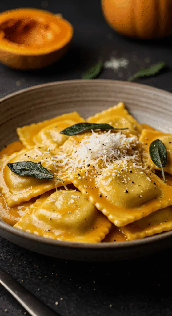 A beautiful, rustic bowl of homemade, creamy Butternut Squash Ravioli, with a luscious, vibrant orange sauce and garnished with crispy fried sage.